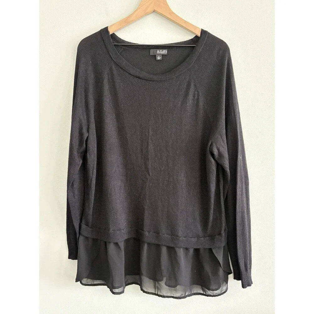 a.n.a. Sweater Black Silver Metalic Sweater 2X Layered Look Semi Sheer Bottom